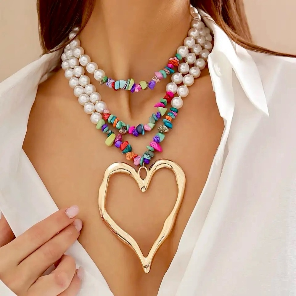 Exaggerated Big Love Gold Pld Heart Pendant Choker Necklace Multi Stone & Pearls